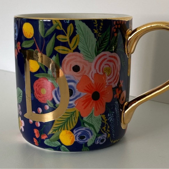 Rifle Paper Co. for Anthropologie Mug “D” Floral Gold Handle Trim Coffee Blue - Picture 16 of 16